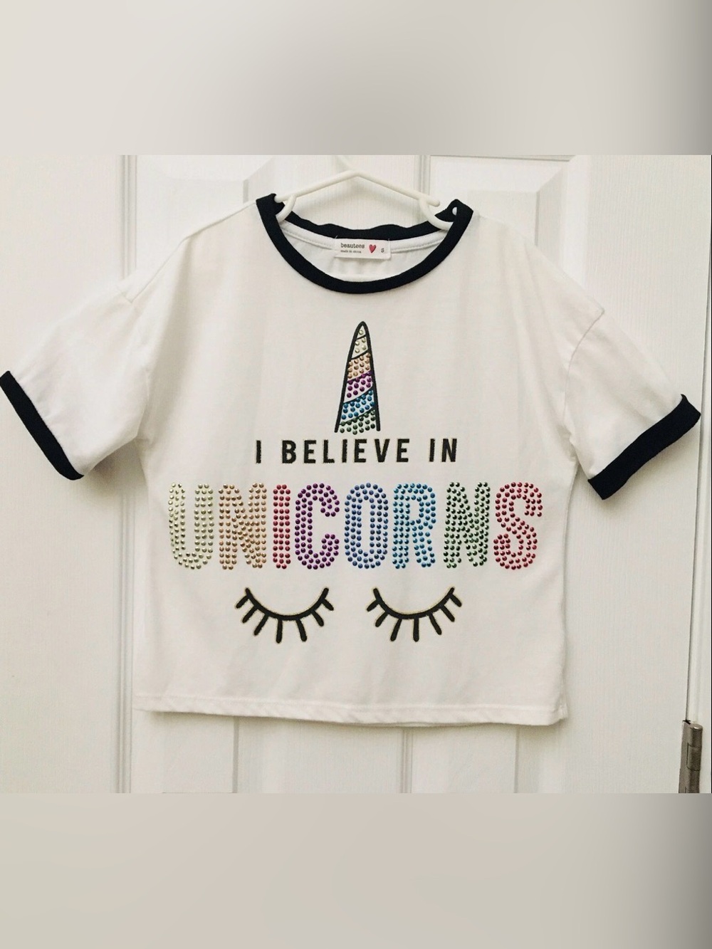 Beautees Girls T-shirt Size S “I Believe In Unicorns”  Crop Metallic Rhinestones
